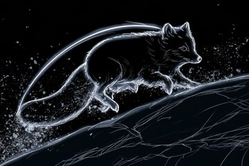 Naklejka premium A fox leaps into snow, chasing its prey. Its form shines with neon light against a dark setting, with snow particles around.