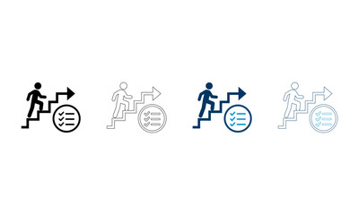 Fototapeta premium Business progress growth stairs icon set with person climbing steps towards success arrow.