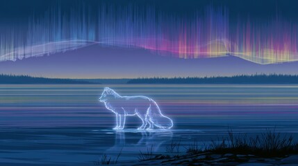 Naklejka premium An arctic fox glows white against a dark frozen tundra. Above, the aurora lights create a colorful scene in the night sky.