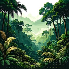 Fototapeta premium Dense Tropical Rainforest Landscape with Lush Greenery and Misty Hills, Nature Illustration from Ground Viewpoint
