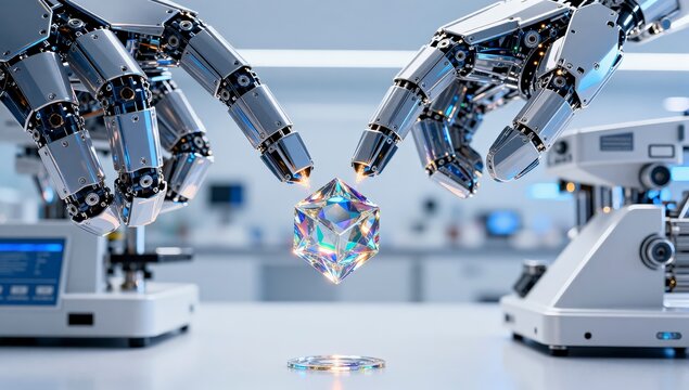 Robotic hands manipulating a glowing geometric crystal in a high tech laboratory environment