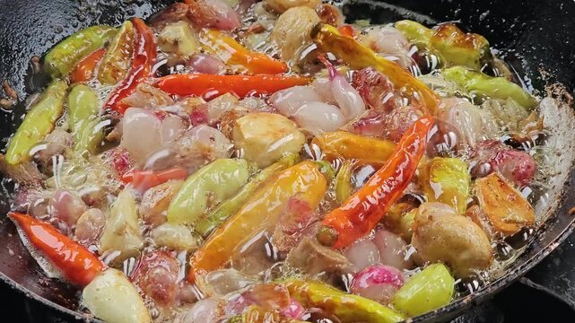 Frying fresh colorful chili peppers with peeled shallots and whole garlic cloves in hot boiling oil inside a cooking pan