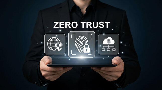 Businessman holding tablet with zero trust cyber security network authentication