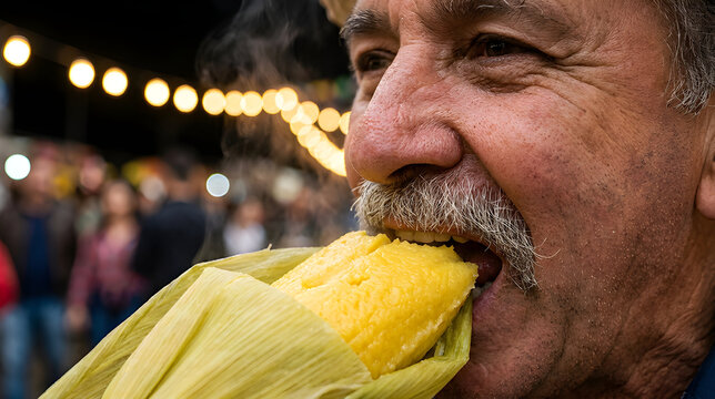 Senior Man Biting Hot Traditional Pamonha Tamale at Festive Night Market