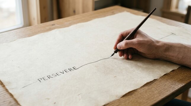 Hand writing the word persevere on old paper with ink