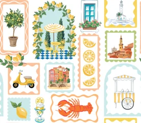 Italian resort, lemon fruit, lobster, lighthouse, gelato, cafe patchwork seamless pattern. Summer holiday print. © good_mood