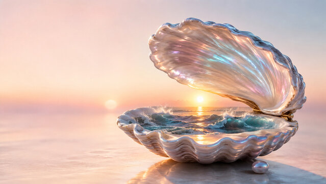 Open seashell containing a miniature ocean with rolling waves at sunset with a single pearl nearby