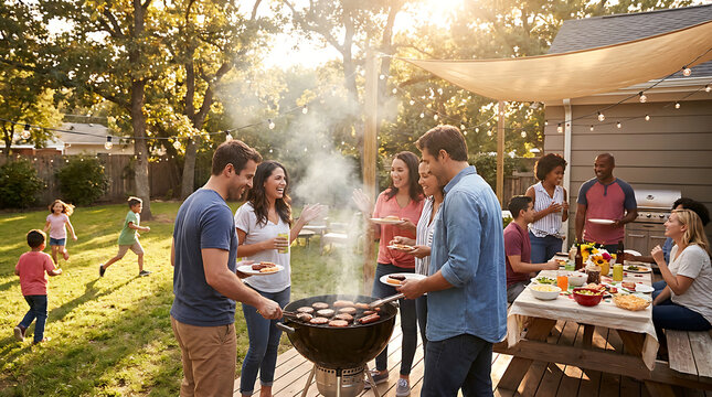 Diverse friends and family enjoying a festive summer backyard barbecue with grilled food and social activities