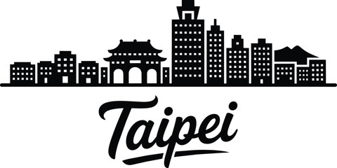 Naklejka premium Taipei city skyline silhouette with traditional gate and modern skyscrapers, landmark panoramic view of Taiwan capital urban scenery