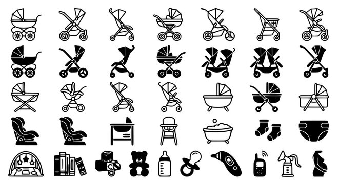 Baby Pram Vector Icon Pack with Stroller Buggy and Child Carriage Graphics