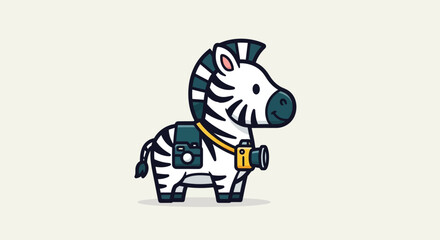 A cartoon zebra wearing a camera stands in a simple environment. © reyro22