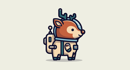 A cartoon reindeer wearing a spacesuit stands in a simple environment. © reyro22