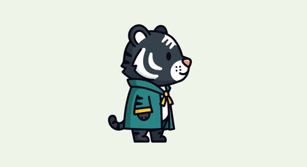 A cartoon racoon wearing a green cape stands on a plain background. © reyro22