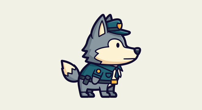 A cartoon wolf police officer stands proudly in a uniform and hat.