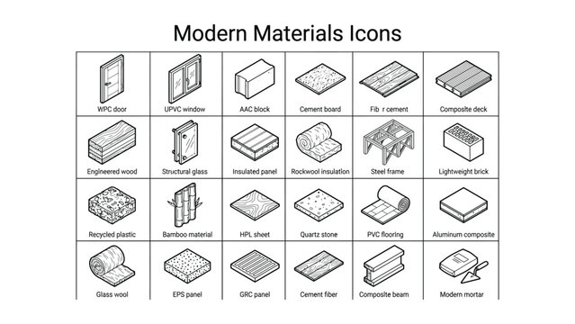 Collection of various modern construction materials icons in black and white line art style for design and educational purposes  modern materials icons