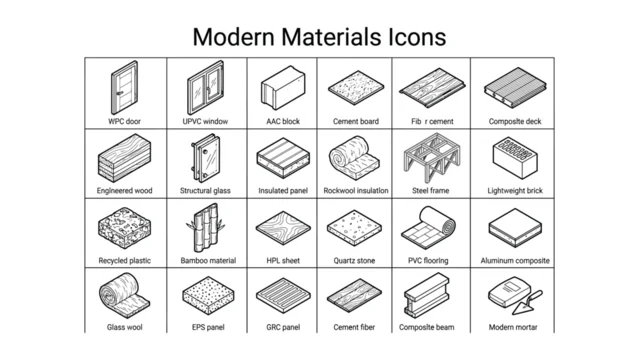 Collection of various modern construction materials icons in black and white line art style for design and educational purposes modern materials icons