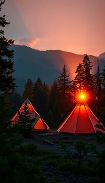 Golden light fades on forest trees as two tents stand tall at sunset, calm, scenery