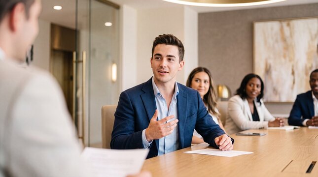 Young man in business meeting speaking confidently while colleagues listen attentively in modern conference room, professional teamwork and corporate discussion with engaged expression