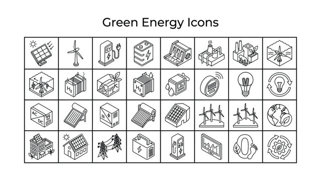 Green energy icons set including solar panel wind turbine battery and light bulb  various eco friendly power generation and sustainable electricity concepts