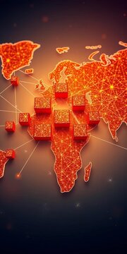 Interlocking blocks forming a network on a world map, representing global connections, partnership, networking