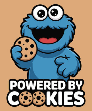 Blue furry monster holding a chocolate chip cookie with the text powered by cookies on a light brown background