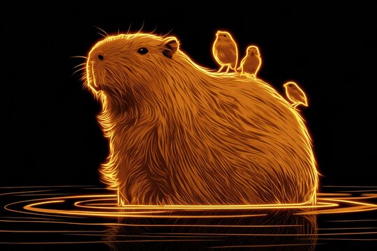 Capybara sits in dark water with small birds on back under bright neon glow showing connection between animals at night