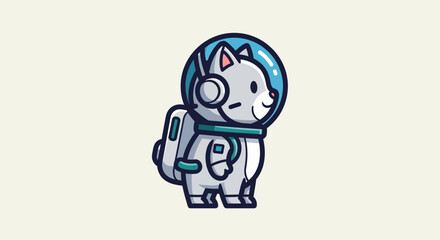 A cartoon cat astronaut wearing a helmet stands on a planet. © reyro22