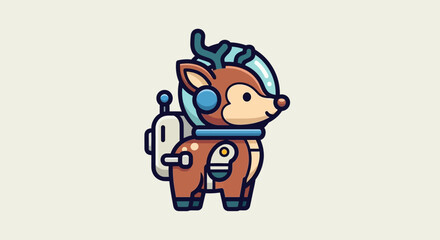Fototapeta premium A cartoon deer wearing a spacesuit and helmet stands on a snowy landscape.