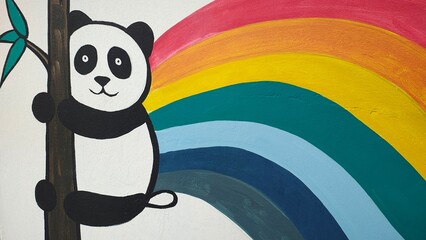 Cute panda mural painting on a wall with colorful rainbow stripe background © MDJAHIDHASAN