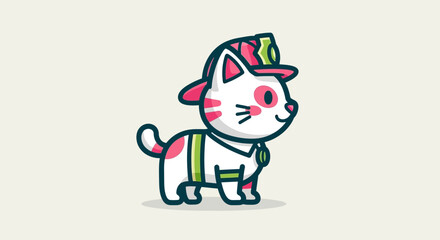 A cartoon cat wearing a backpack and cap stands on a surface. © reyro22