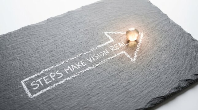 Glowing marble on slate with arrow steps make vision real