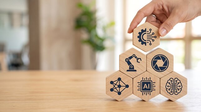 A hand placing a hexagonal block with a gear and circuit icon on a stack of technology-themed wooden blocks, symbolizing innovation and AI development.