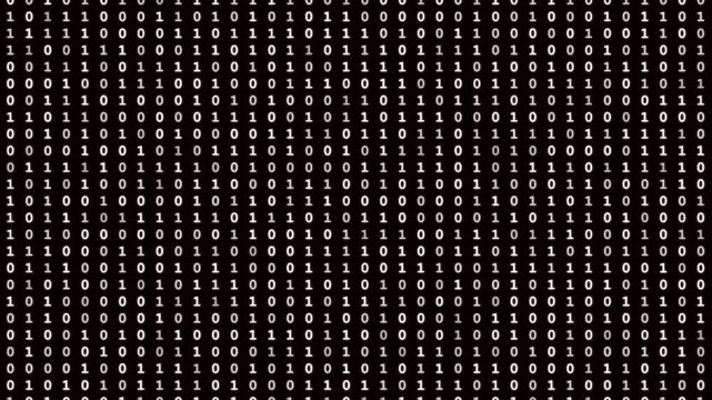 Black background filled with vertical columns of white binary digits consisting of zeros and ones, creating a dense matrix of data symbols representing digital information and computer code.