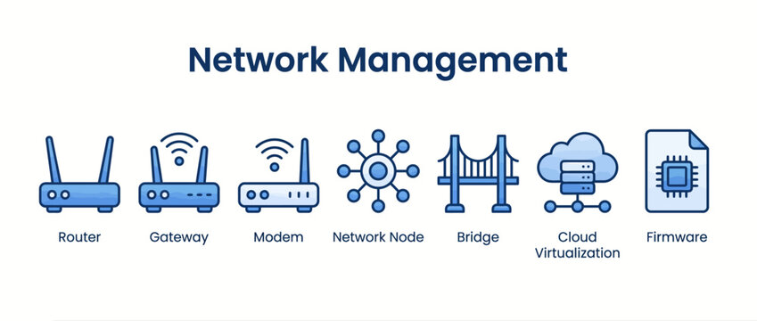 Network management icons set router, gateway, modem, network node, bridge, cloud virtualization, firmware
