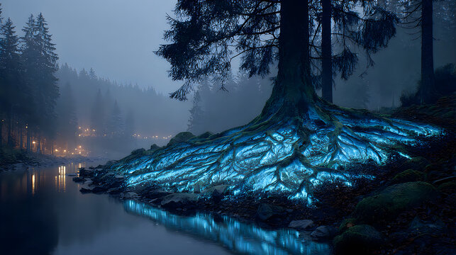 Ancient glowing fantasy tree radiant blue magical forest cinematic night scene Wallpapers