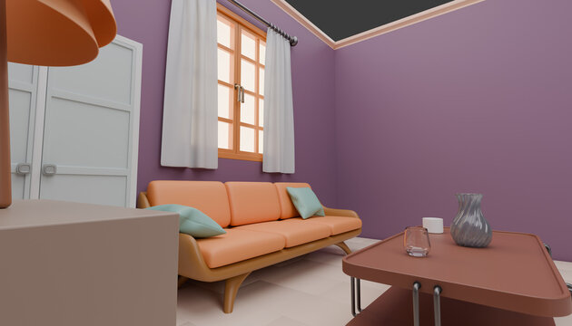 Vibrant Living Room Oasis: An inviting living room featuring a coral sofa adorned with light blue cushions, a wooden-framed window with white curtains, and a coffee table with a glass vase and drink.