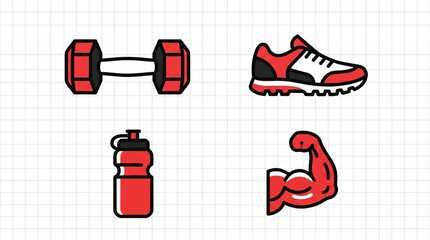 Naklejka premium Fitness and Health Equipment Icon Set Featuring a Dumbbell Running Shoe Water Bottle and Muscular Biceps Arm