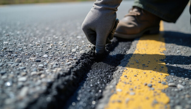 Gloved hand applies sealant into asphalt crack. Worker fixes road surface detail, road maintenance work closeup. Yellow line on pavement, construction task.