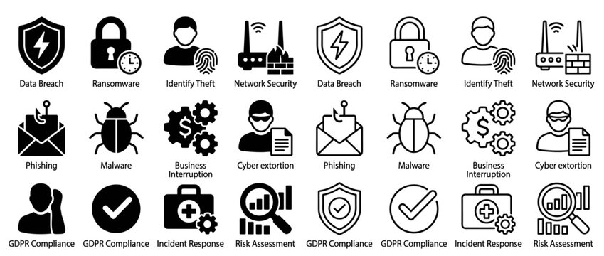 Cybersecurity and privacy icon set showing security symbols.