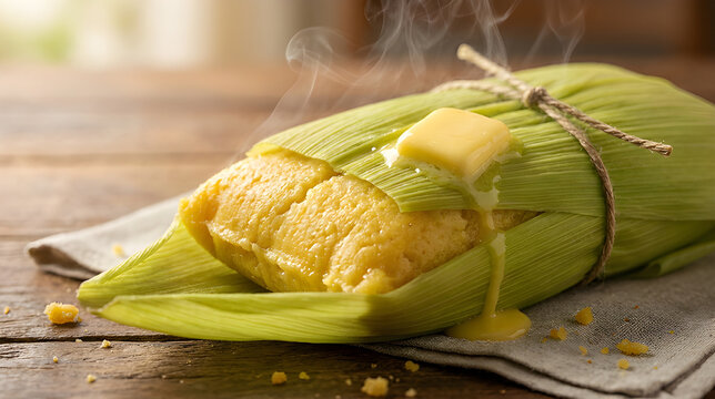 Fresh Steaming Traditional Brazilian Pamonha Tamale with Melting Butter on Rustic Wooden Table