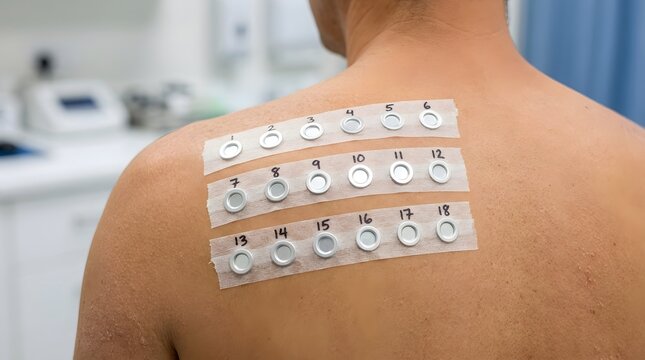 Professional patch allergy testing on bare human back skin with numbered adhesive circles.