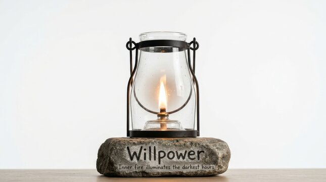 Lantern with flame on a stone displaying willpower quote