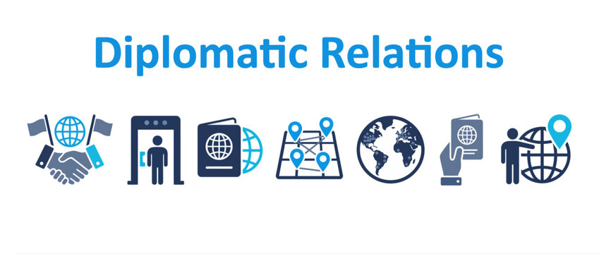 Diplomatic relations icon set, international cooperation and global travel concept