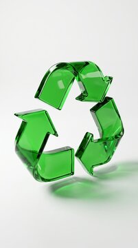 A clear 3D render of the universal recycling symbol in glossy green, representing environmental conservation and sustainability
