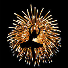 Elegant ballerina girl silhouette dancing before dazzling golden fireworks, celebrating joy, festival, performance, celebration, New Year, glamour, festive night, sparkle © HARSH