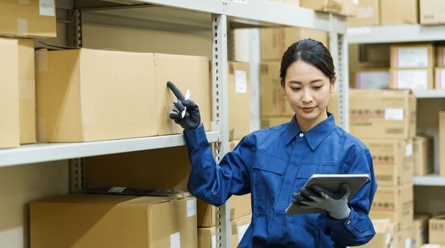 Woman Using Tablet Organizing Packaged Goods in Industrial Warehouse