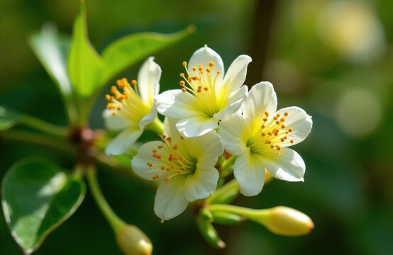 Macro shot of small white flowers with yellow centers. Delicate petals and stamens are visible. Green leaves and buds surround the blossoms. Soft bokeh background blurs into greens and yellows.