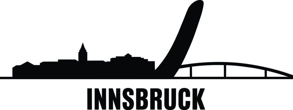 Innsbruck city skyline silhouette featuring the bergisel ski jump and historic architectural buildings in a minimalist black urban view in outline