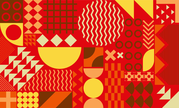 Red abstract seamless geometric pattern. Bright vector background set in modern Bauhaus style for creative textile, fabric print, and wrapping paper design. Decorative mosaic print