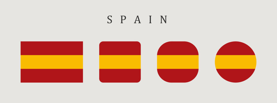 Spain national flag set in original proportion and different shapes styles. Official Spanish symbol, logo vector collection